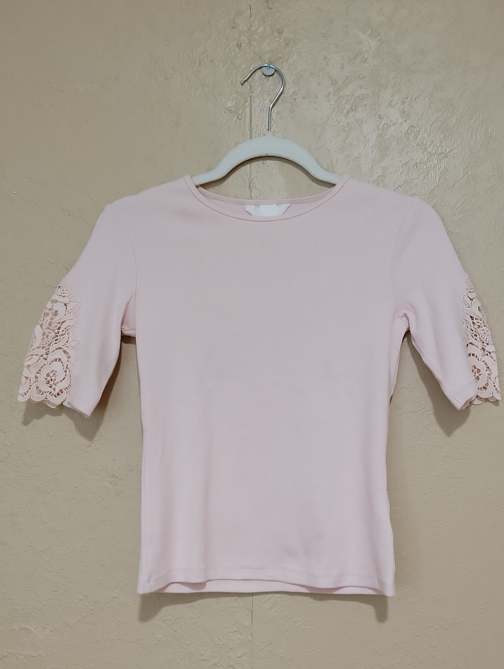 H&M Pale Pink Knit Top with Lace Short Sleeves